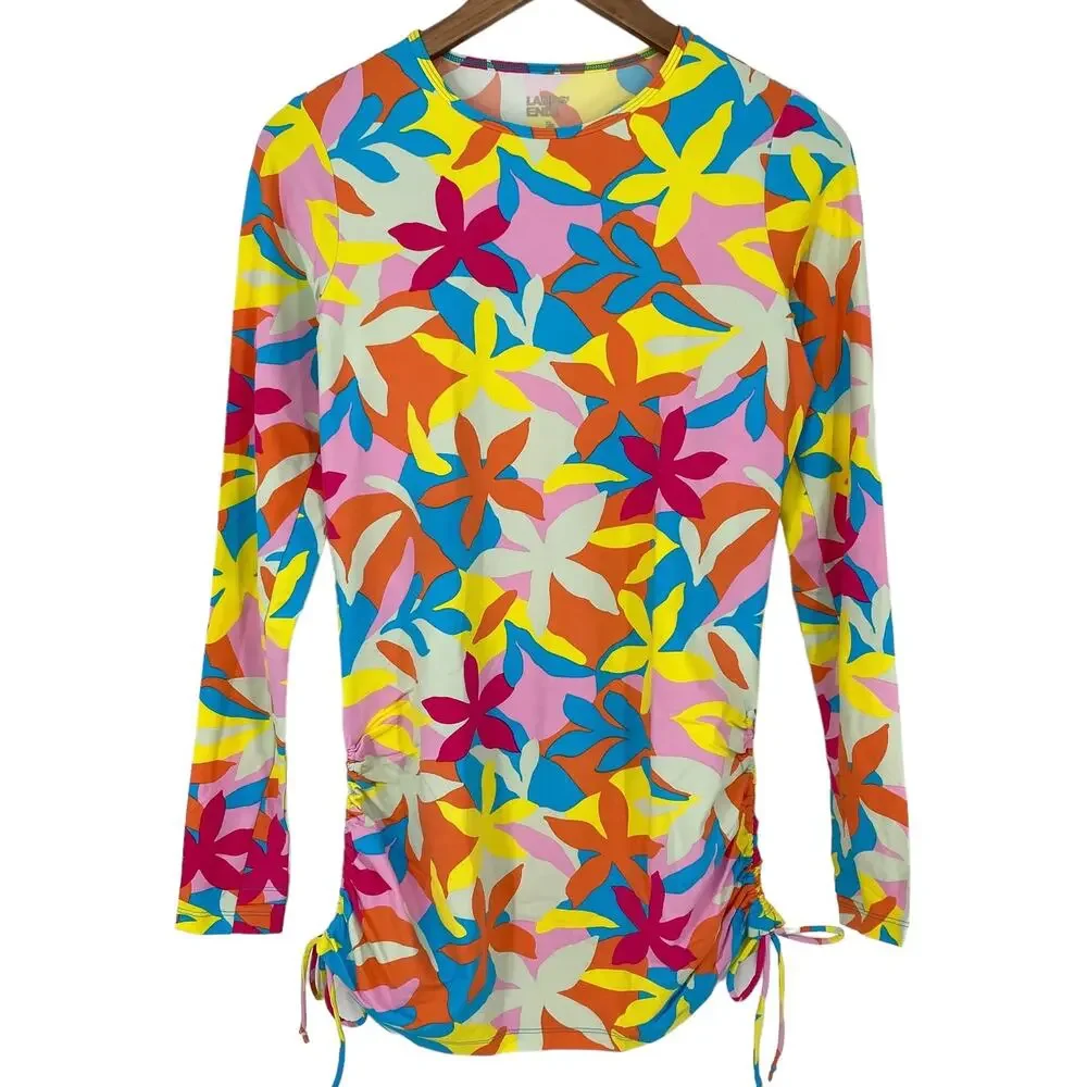 LANDS END NWT Multi Graphic Floral Cinched Waist Long Sleeve Rashguard Size XS